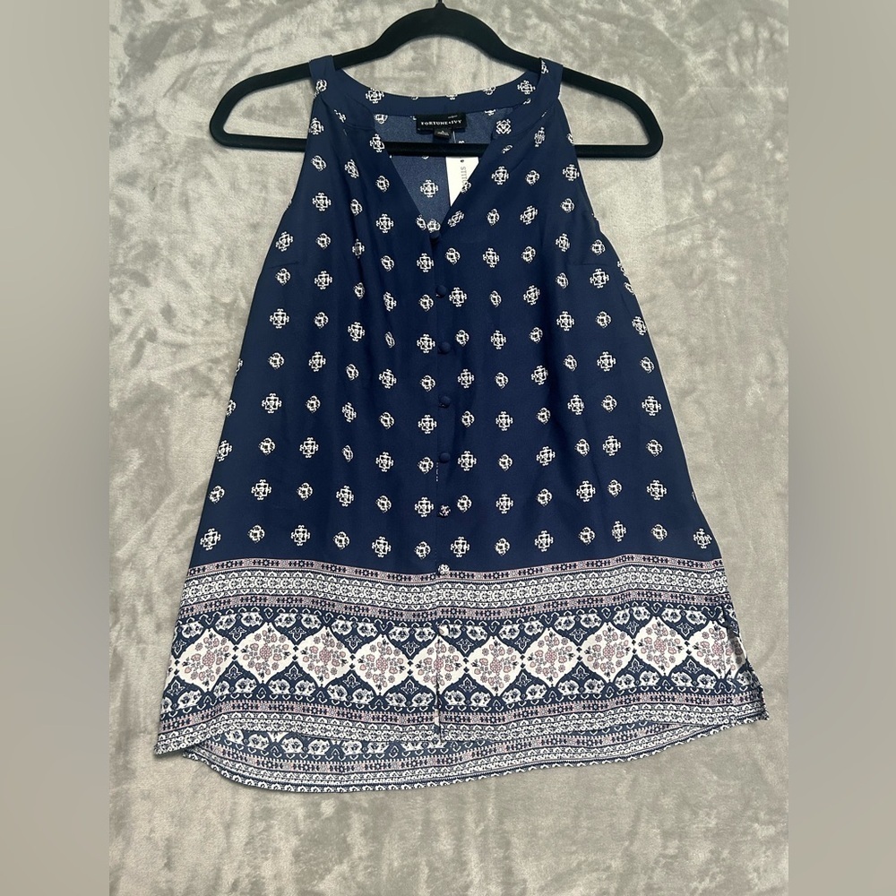 Fortune Ivy Paula Button Down Blouse Tank Top Women’s Small Navy Stitch Fix NWT